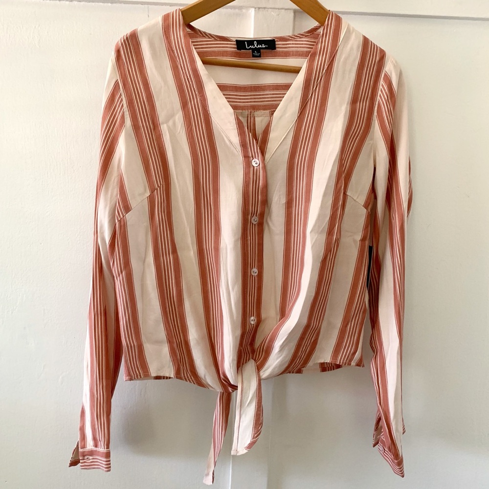 Lulus Blush Striped Tie-Front Top!